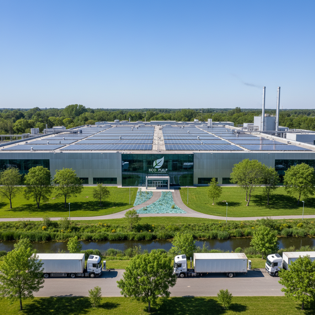 A wide-angle, high-resolution shot of a modern, eco-friendly paper manufacturing factory with solar panels on the roof and lush green landscaping surrounding the facility under a clear blue sky.