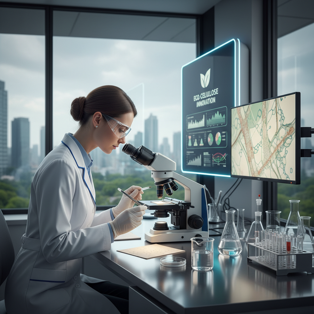 A professional laboratory setting where a researcher in a white coat is using a microscope and precision tools to inspect the fiber structure and quality of a new eco-friendly paper sample.