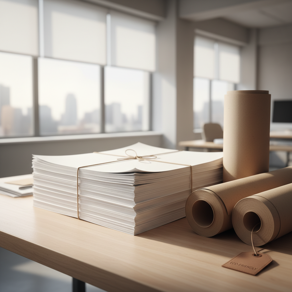 A minimalist, high-quality photograph of a thick stack of premium, bright white office paper and recycled kraft paper rolls on a wooden desk in a bright, modern office environment.